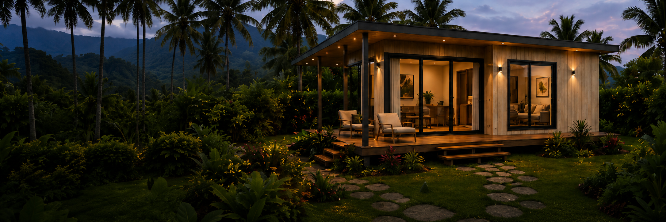 Maison modulaire entourée de végétation tropicale au crépuscule