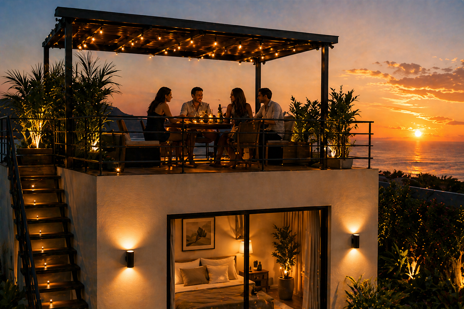 Toit terrasse avec pergola au coucher de soleil